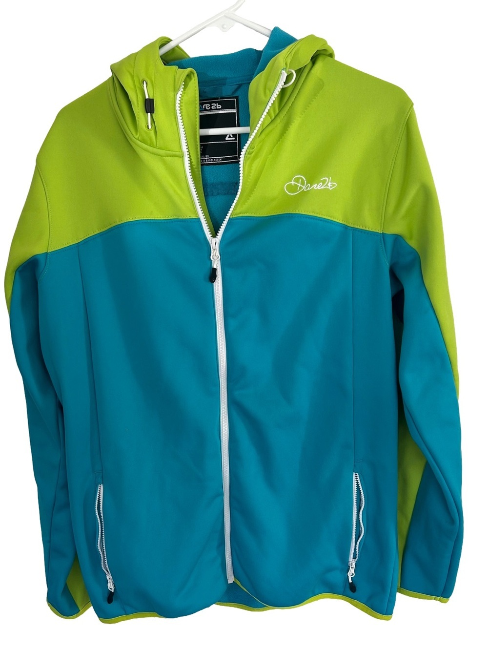 Dare 2b Women’s Teal & Neon Green Colorblock Hooded Softshell Jacket Size 14